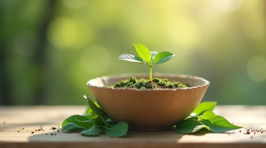 Composition visuelle d'un bol en carton biodégradable posé sur une surface en bois naturel, entouré de feuilles vertes fraîches et d'une petite pousse de plante, symbolisant l'écologie et la durabilité
