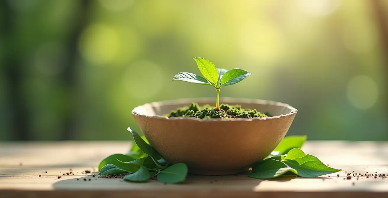 Composition visuelle d'un bol en carton biodégradable posé sur une surface en bois naturel, entouré de feuilles vertes fraîches et d'une petite pousse de plante, symbolisant l'écologie et la durabilité