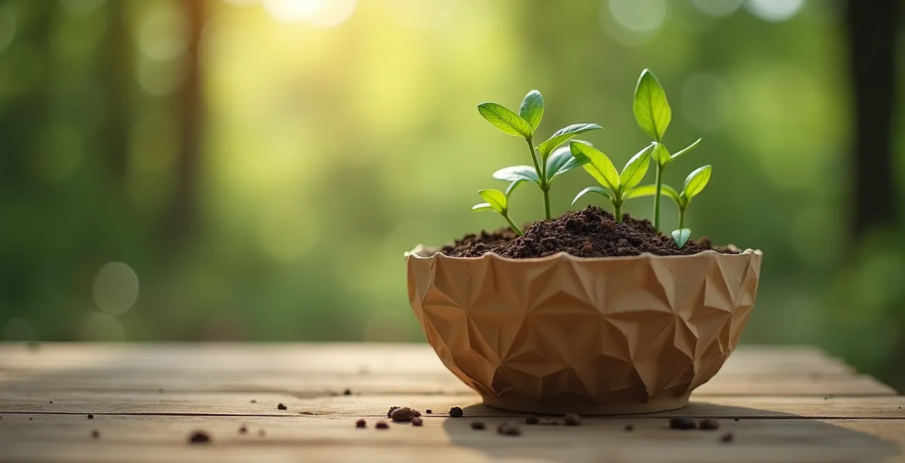 Représentation conceptuelle du cycle de vie d'un bol en carton, de la forêt durable à la fabrication, l'utilisation et le compostage