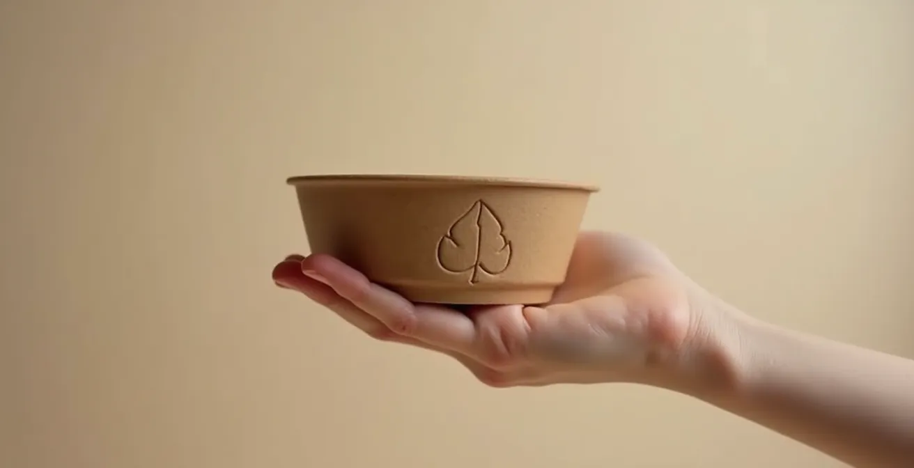 Main tenant un bol en carton avec logo de marque, posé sur un fond épuré, symbolisant l'expérience client et l'identité de marque