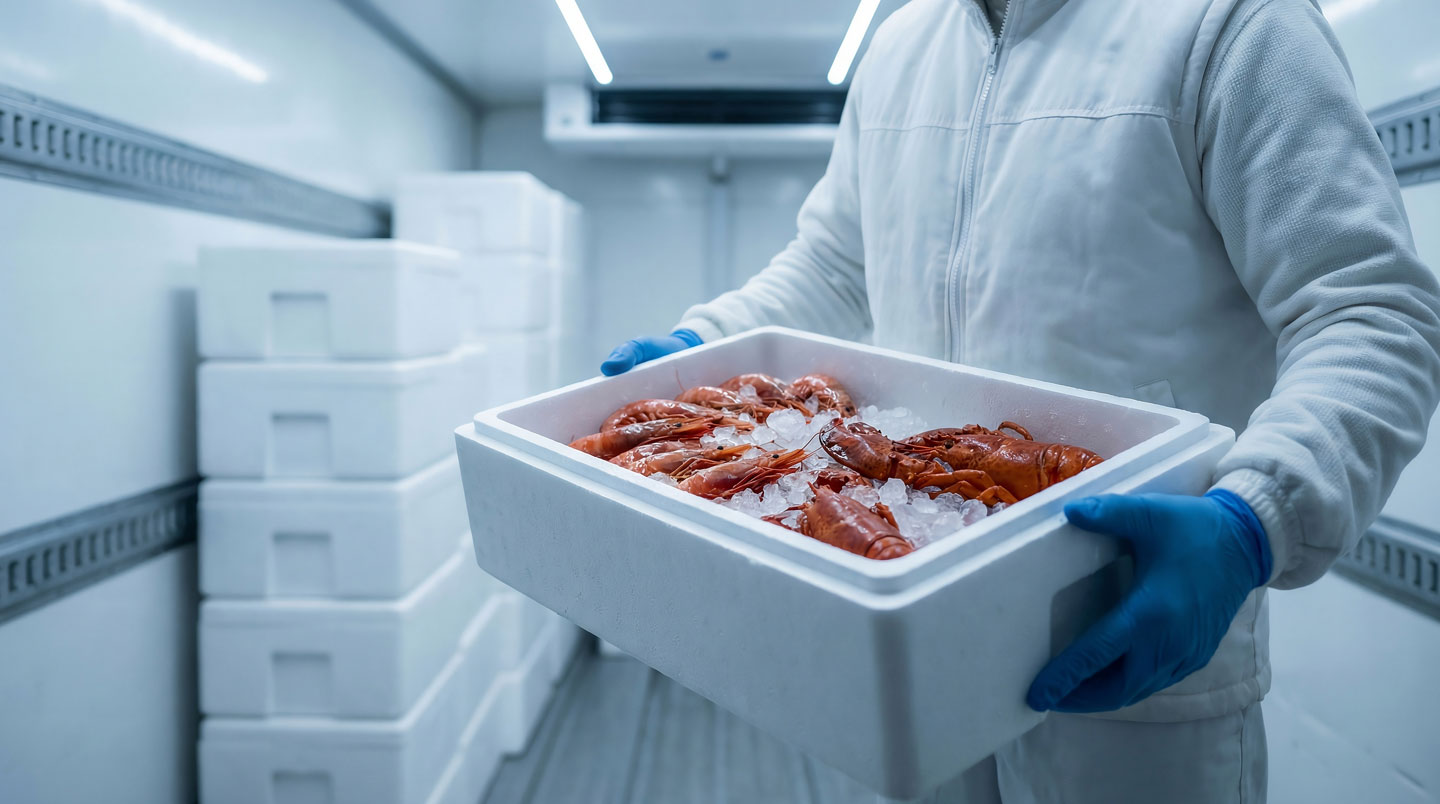 Livreur transportant une caisse isotherme de fruits de mer depuis un camion frigorifique devant l'entrée d'une brasserie française au petit matin