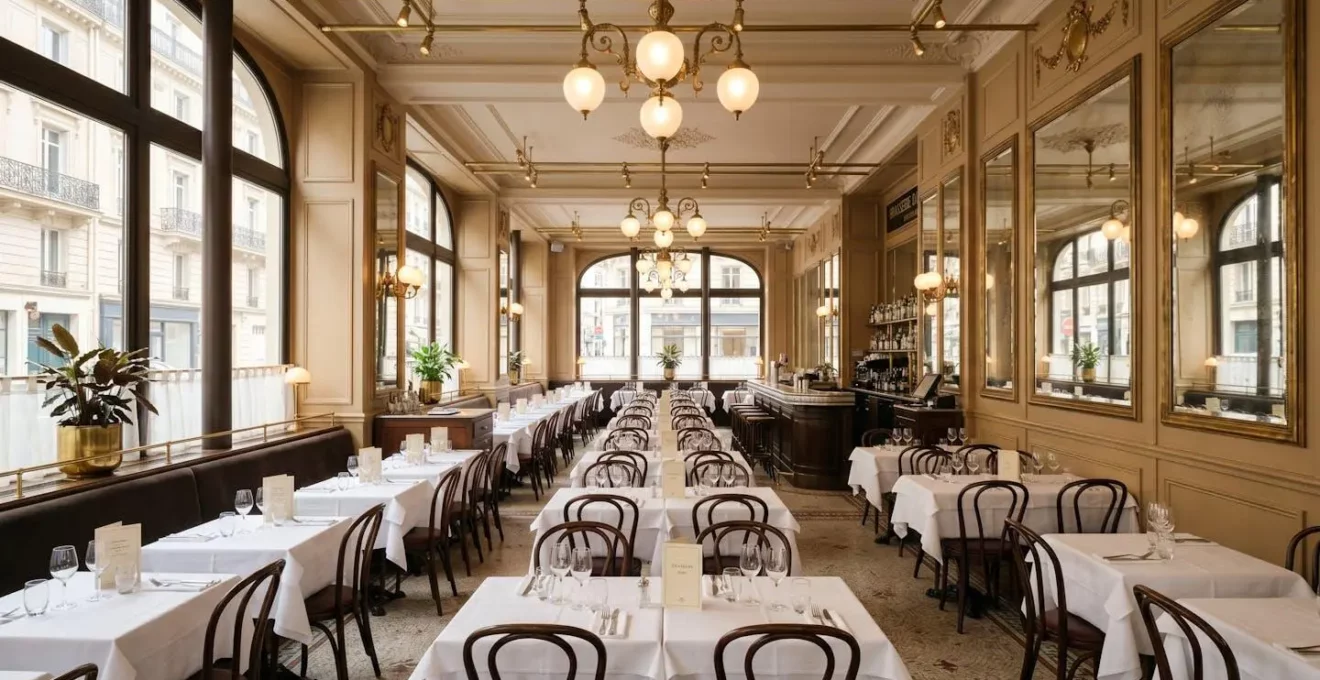 Intérieur d'une brasserie de style Belle Époque avec tables dressées, nappes blanches, luminaires vintage en laiton et miroirs muraux dans une ambiance chaleureuse et élégante