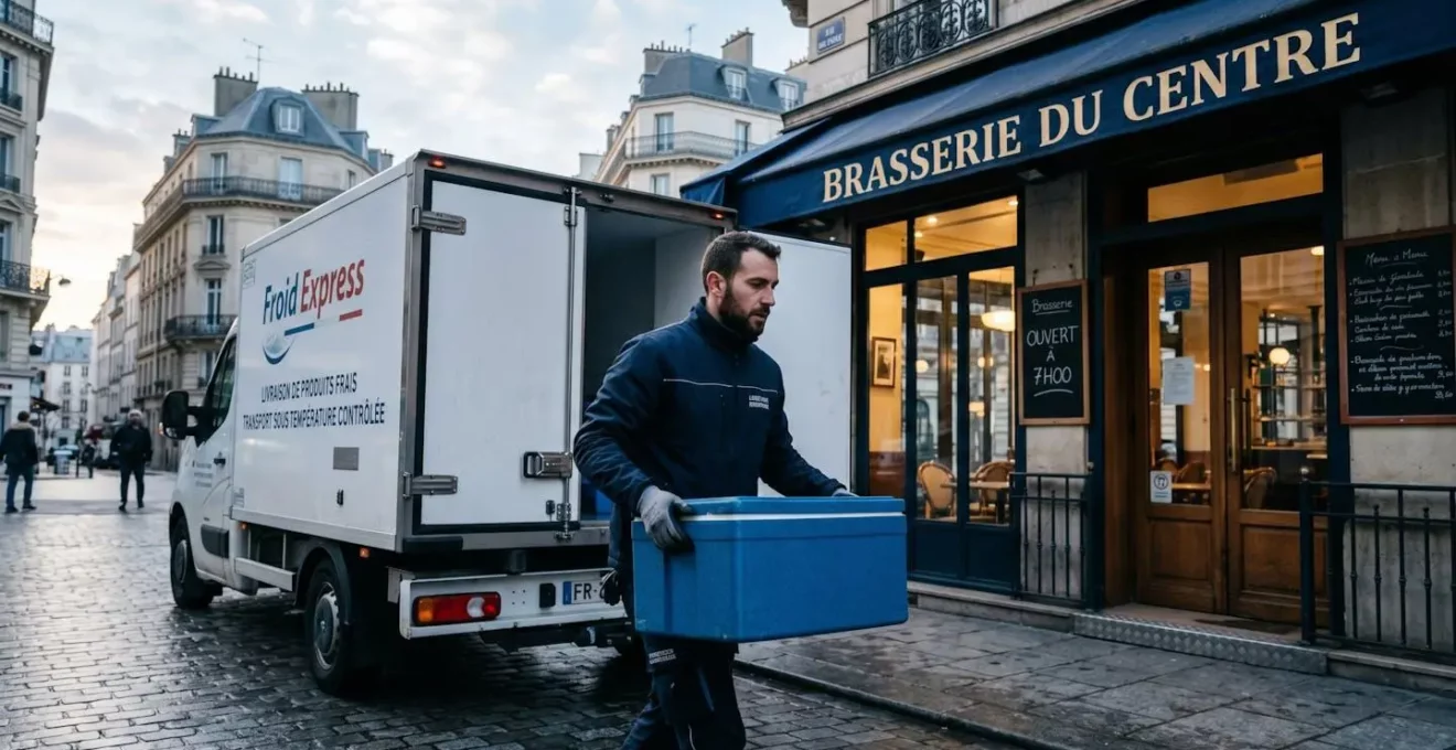 Livreur transportant une caisse isotherme de fruits de mer depuis un camion frigorifique devant l'entrée d'une brasserie française au petit matin