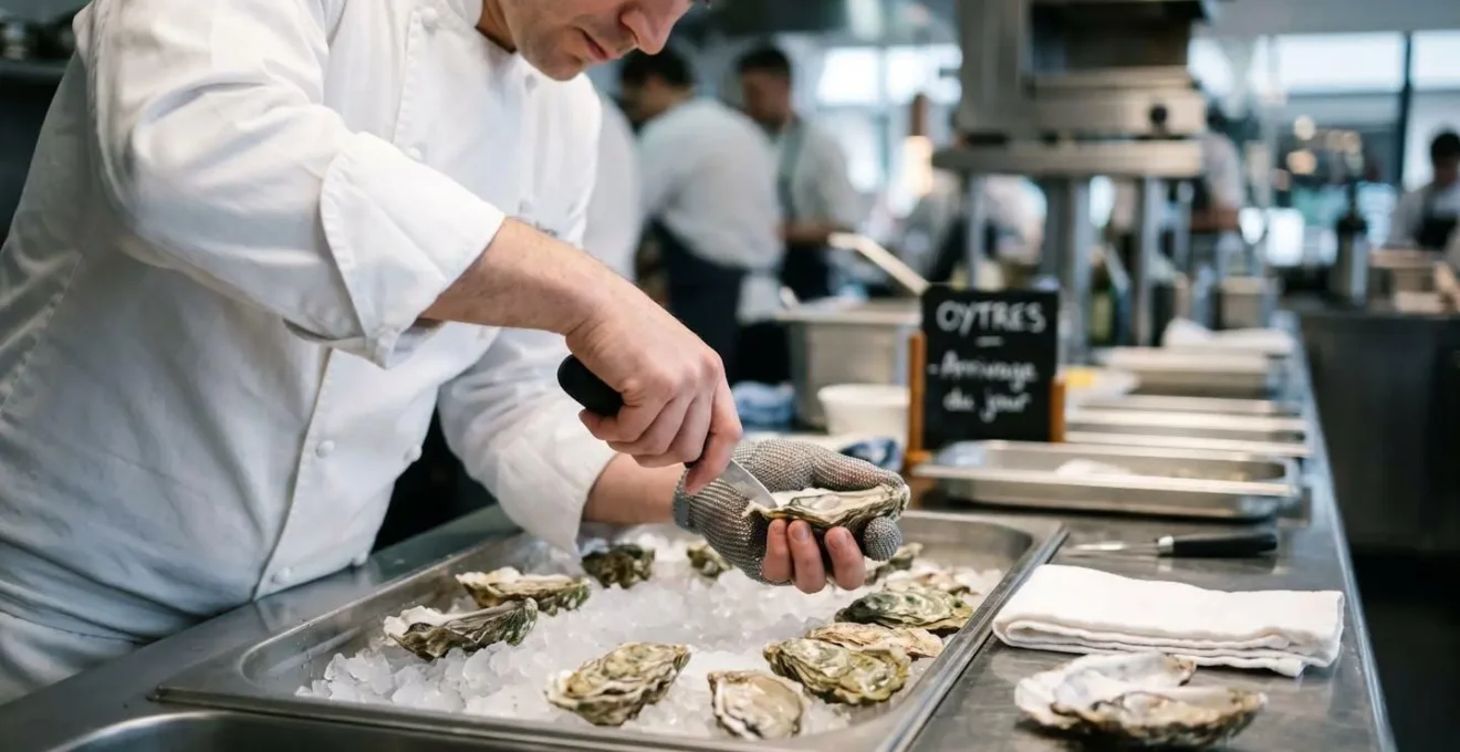 Mains d'un chef en cuisine professionnelle ouvrant des huîtres fraîches disposées sur glace pilée, sur un plan de travail en inox