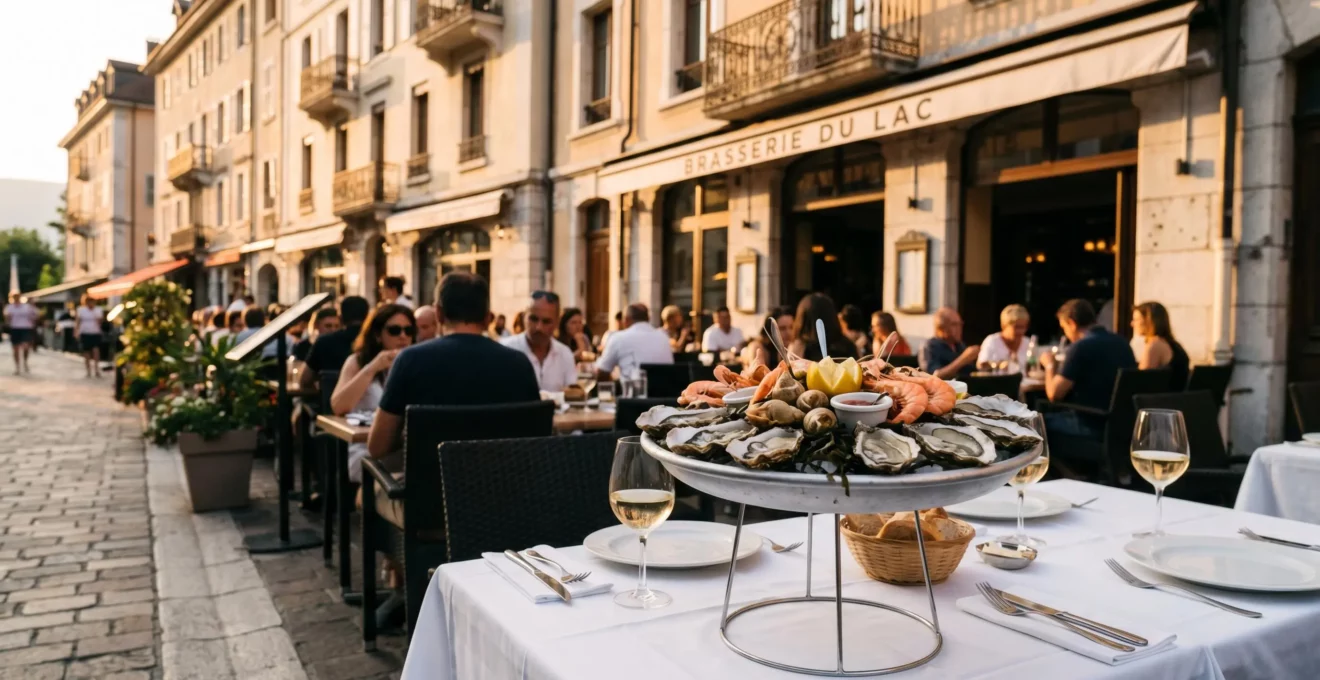 Plateau de fruits de mer frais dressé sur une table de terrasse de brasserie à Annecy, avec façades historiques du centre-ville en arrière-plan sous une lumière dorée de fin de journée